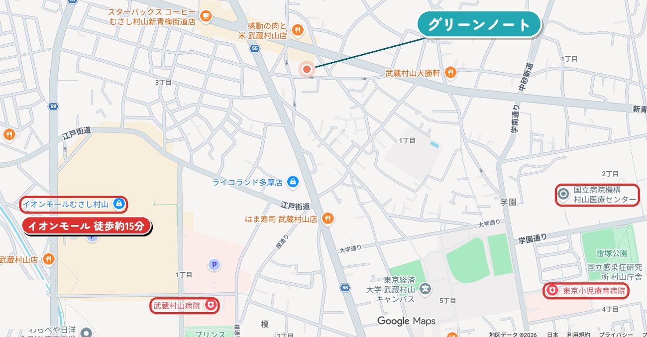 グリーンノート周辺の地図(イオンモールむさし村山・村山医療センター・武蔵村山病院・東京小児療育病院)